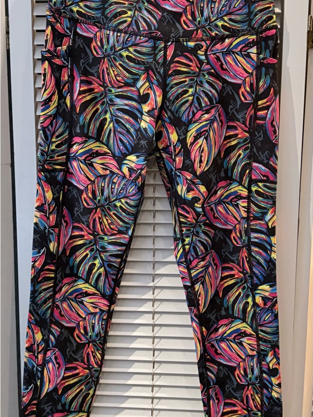 Constantly Varied Gear Black Leggings with Neon Tropical Leaf Print